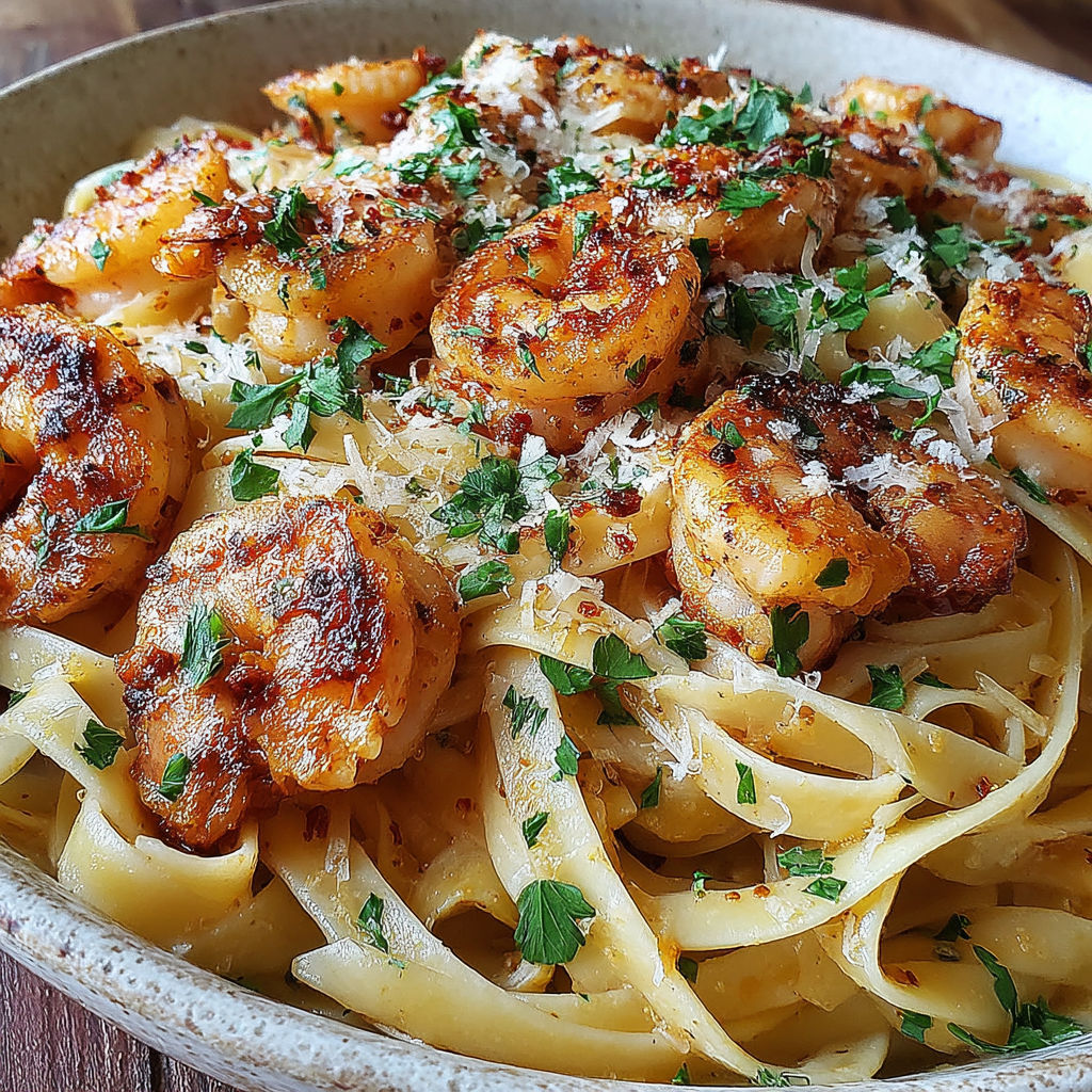 A bowl of pasta with shrimp and cheese.
