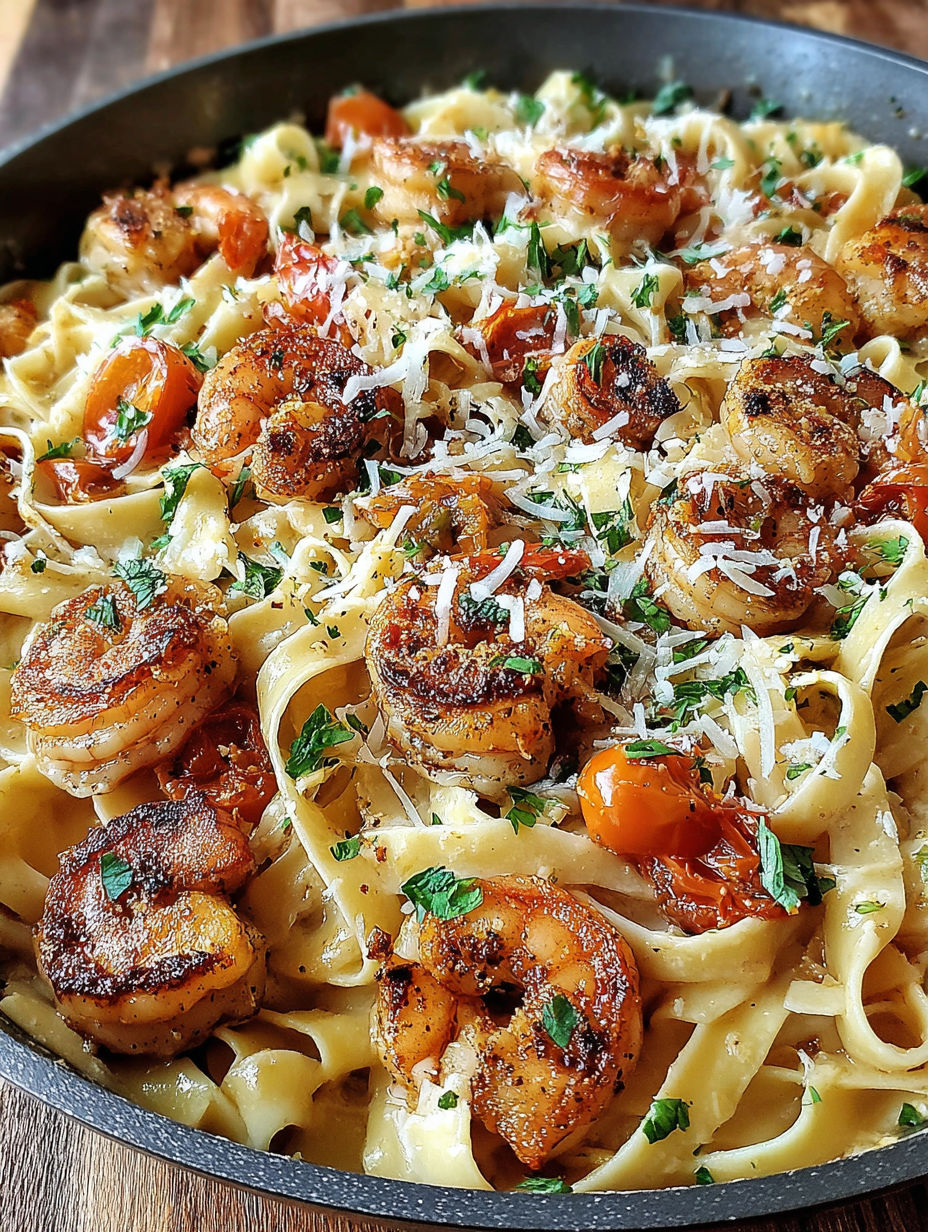 A dish of pasta with shrimp and tomatoes.