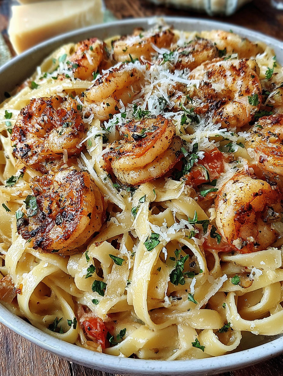 A bowl of pasta with shrimp and cheese.