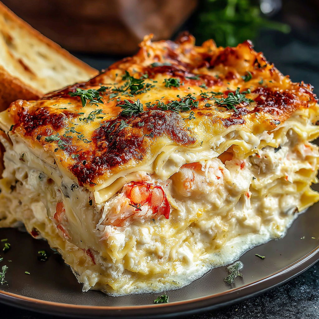 A slice of seafood lasagna on a plate.