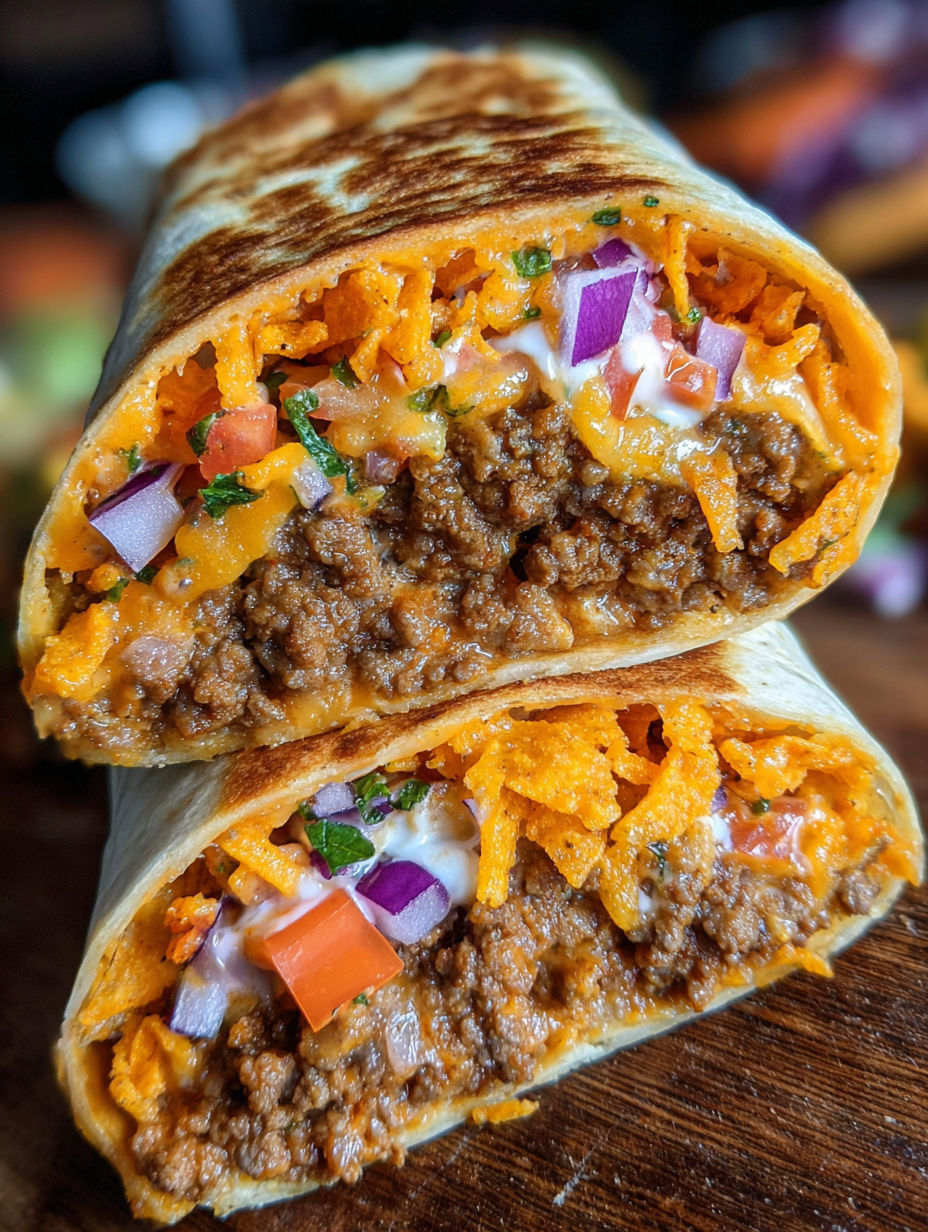 A beefy nacho cheese wrap with tomatoes and onions.