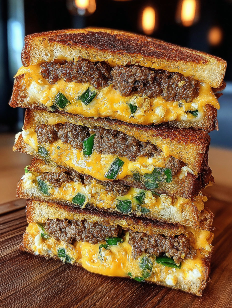 A stack of grilled cheese sandwiches with green peppers.