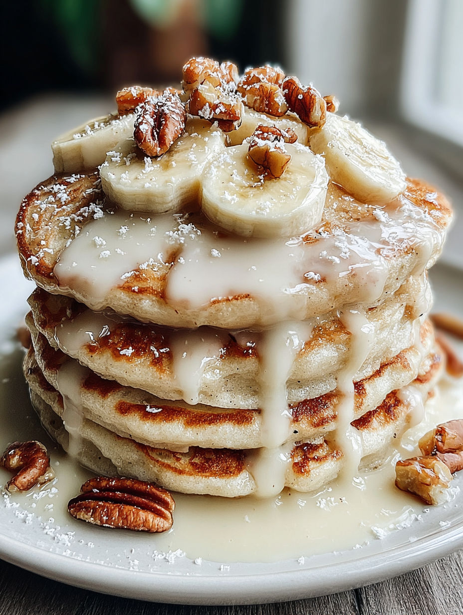 A stack of pancakes with bananas and nuts on top.