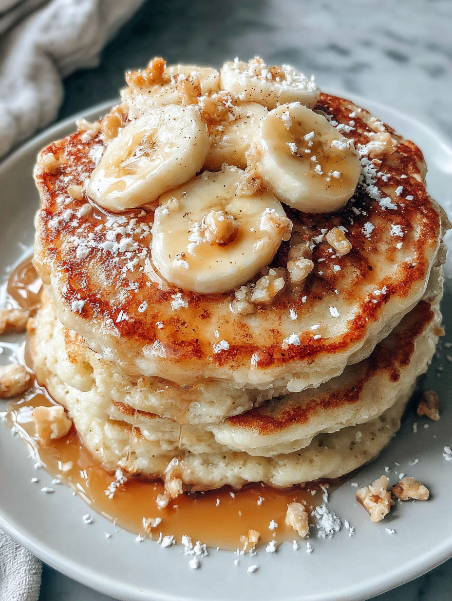A stack of pancakes with bananas and nuts on top.