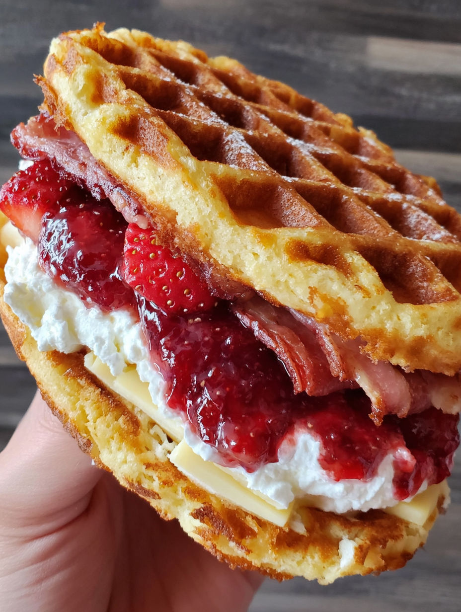 A person is holding a waffle sandwich with strawberries and whipped cream.