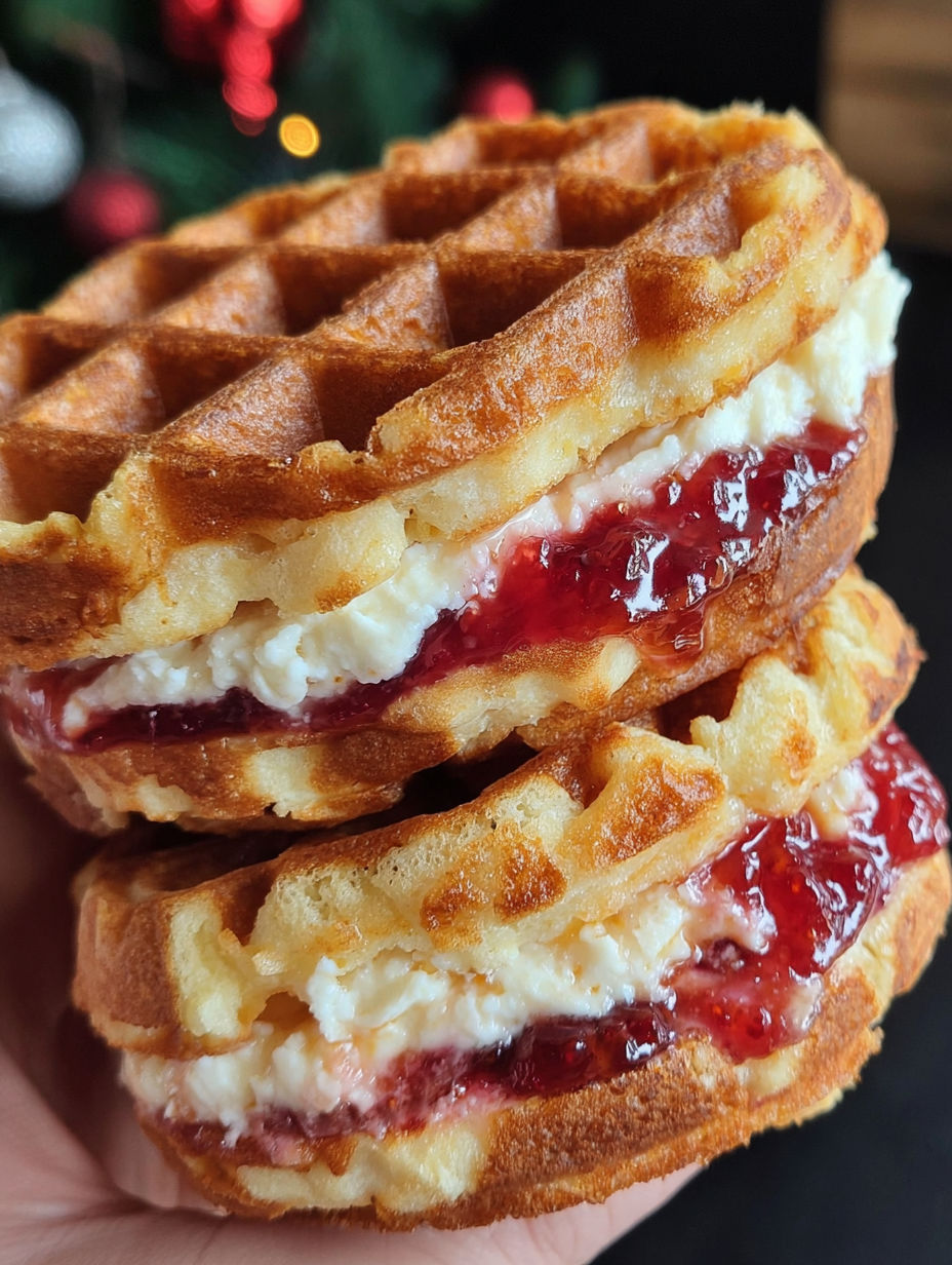 A person is holding a waffle sandwich with jelly.