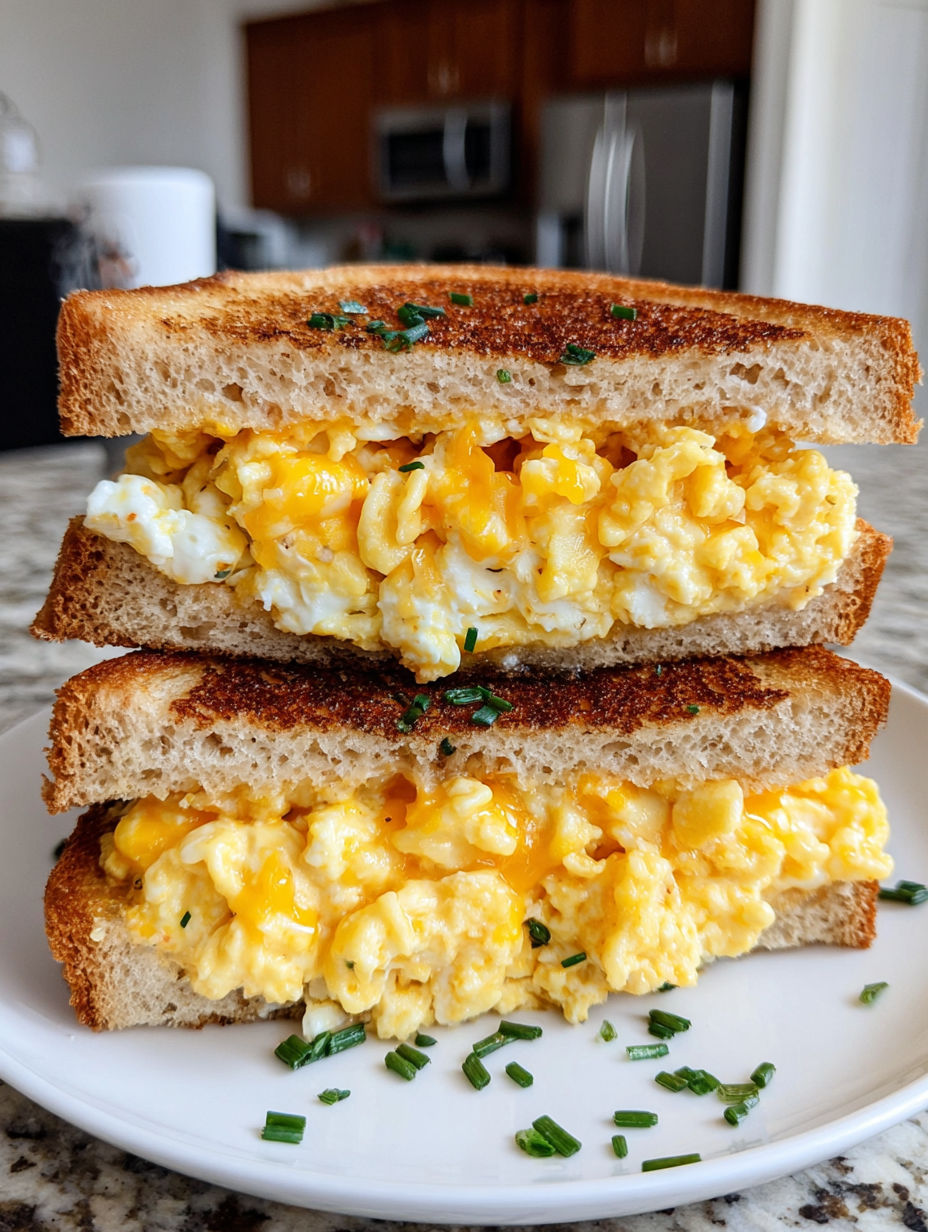 A grilled cheese sandwich with eggs on top.