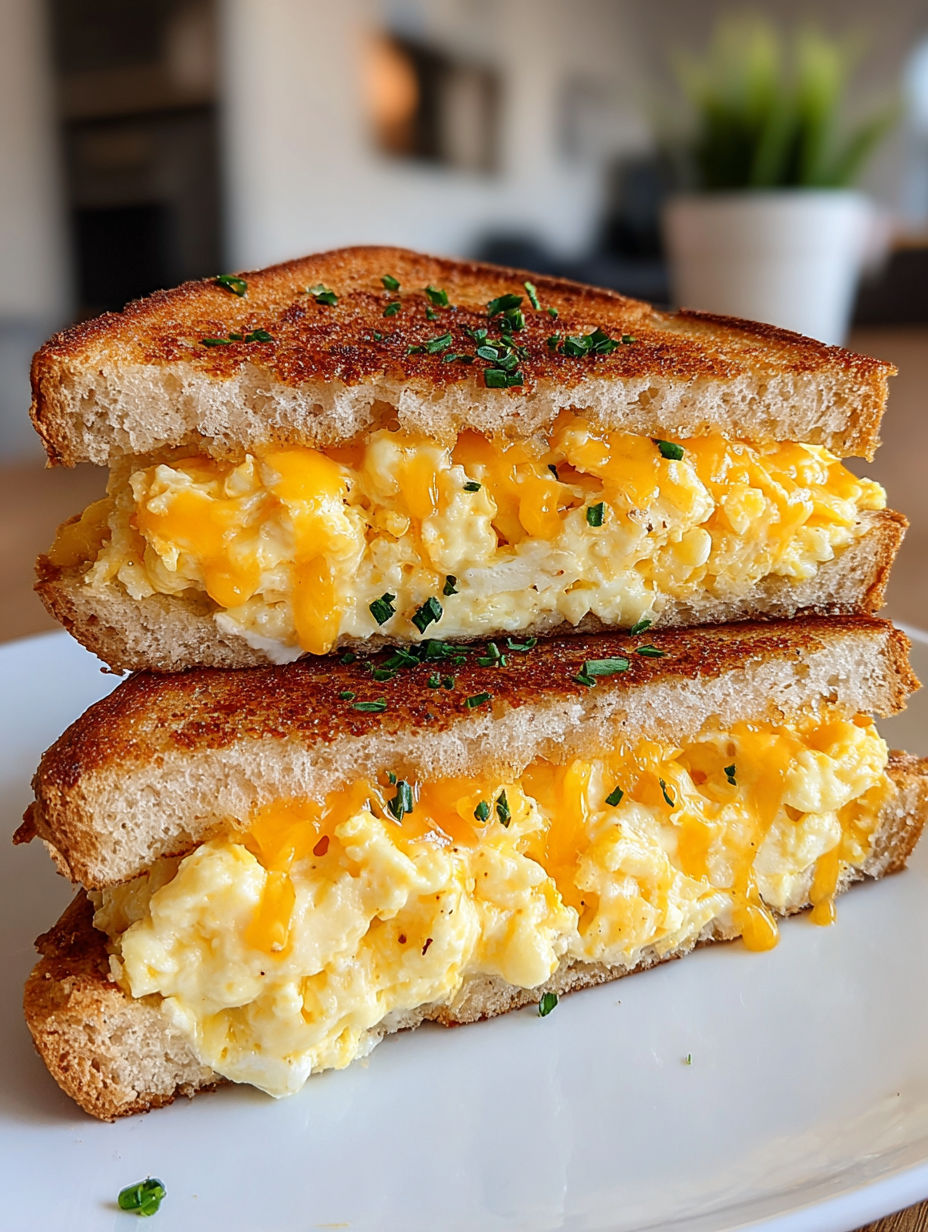 A grilled cheese sandwich with eggs on top.