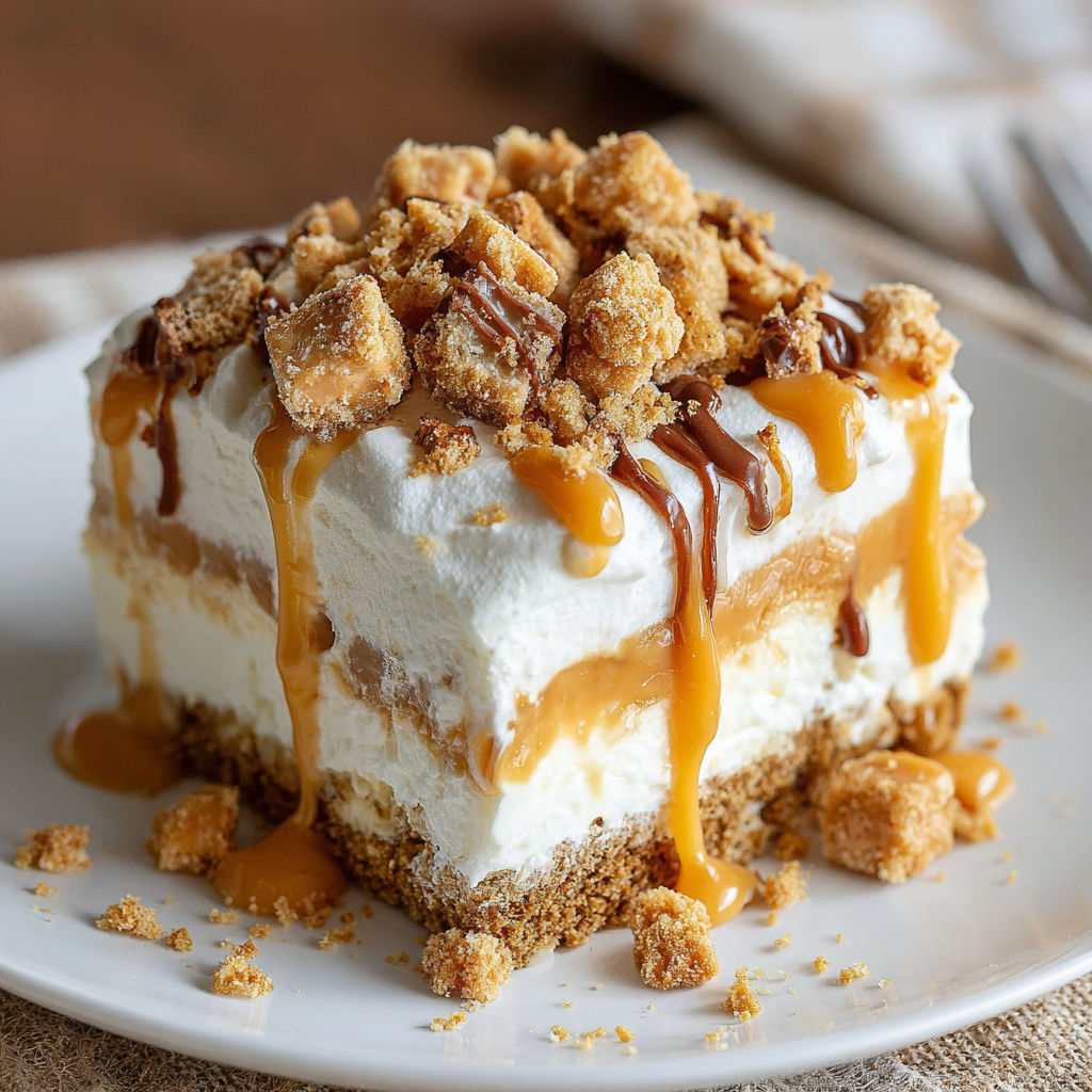 A slice of butterscotch delight on a plate.