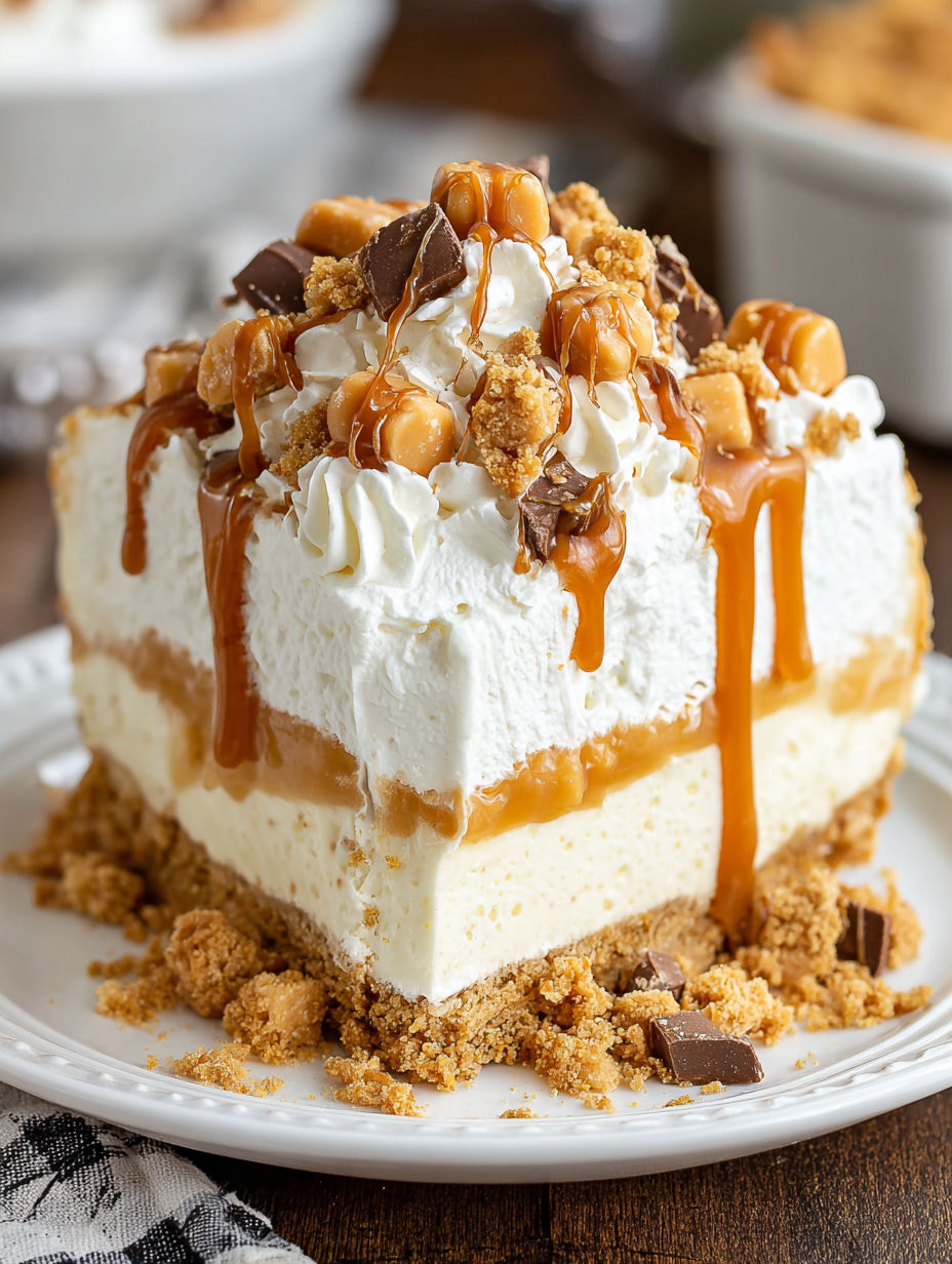 A slice of cake with caramel drizzled on top.