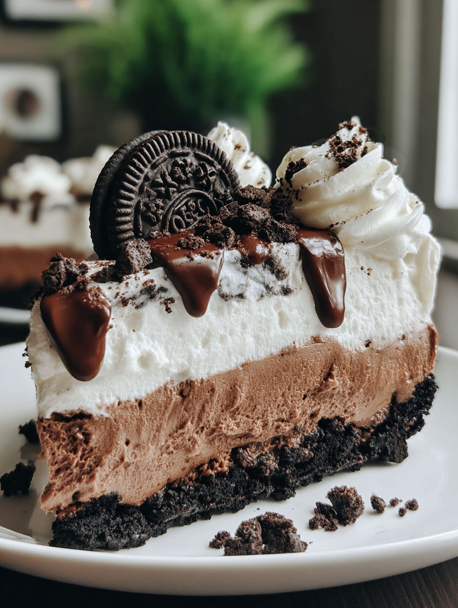 A slice of chocolate cake with chocolate and white frosting and a cookie on top.