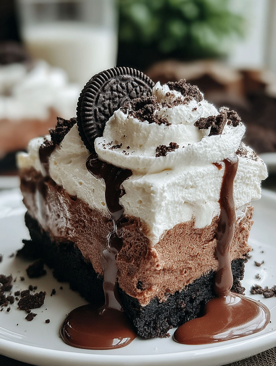 A slice of chocolate cake with white icing and chocolate drizzle.