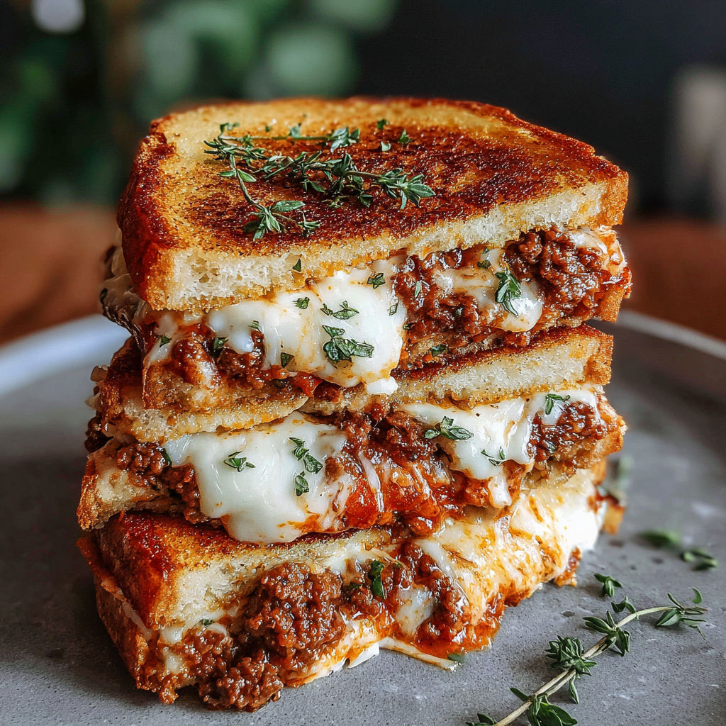 A grilled cheese sandwich with meat and cheese.