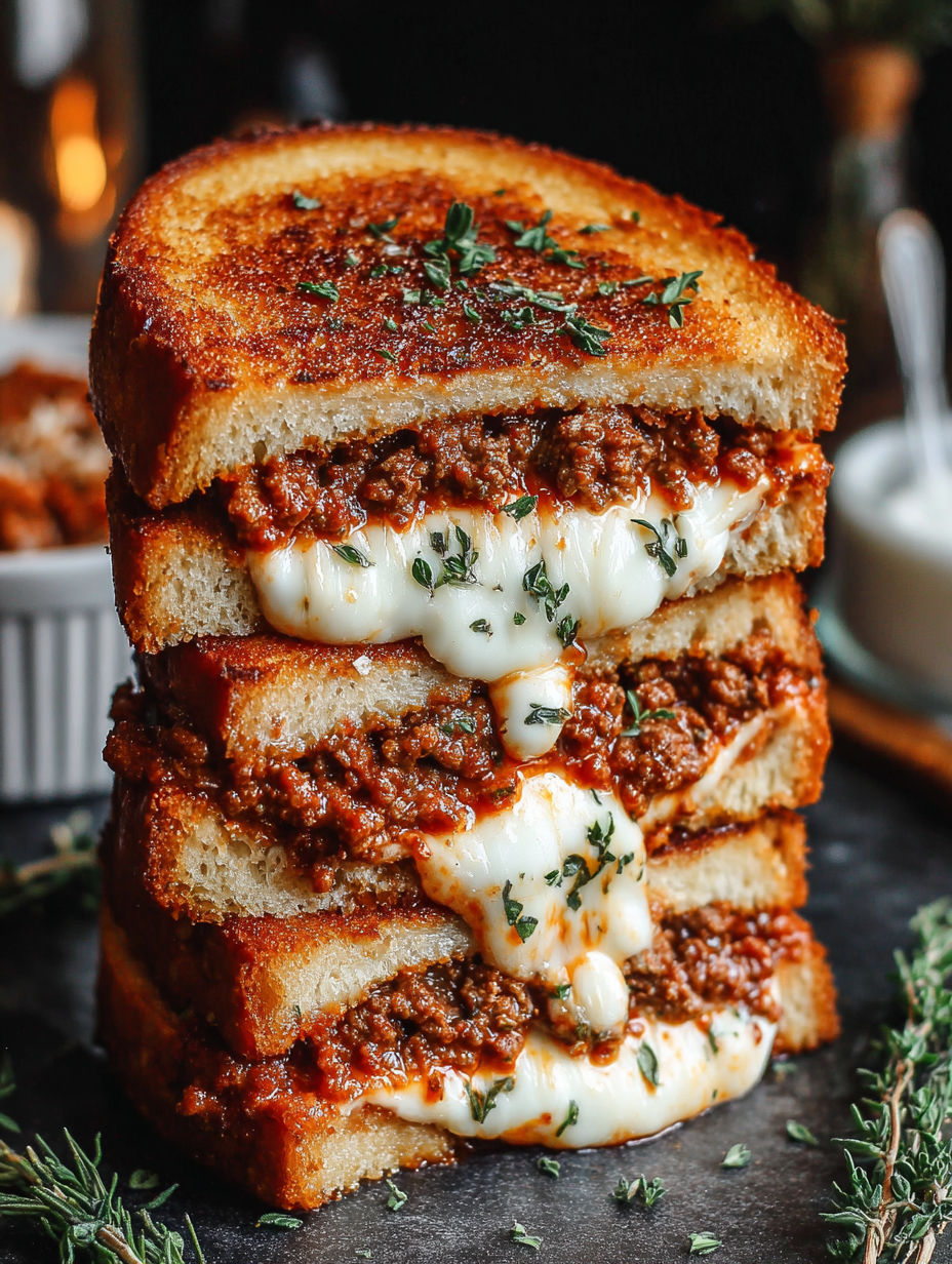 A stack of grilled cheese sandwiches with meat sauce.