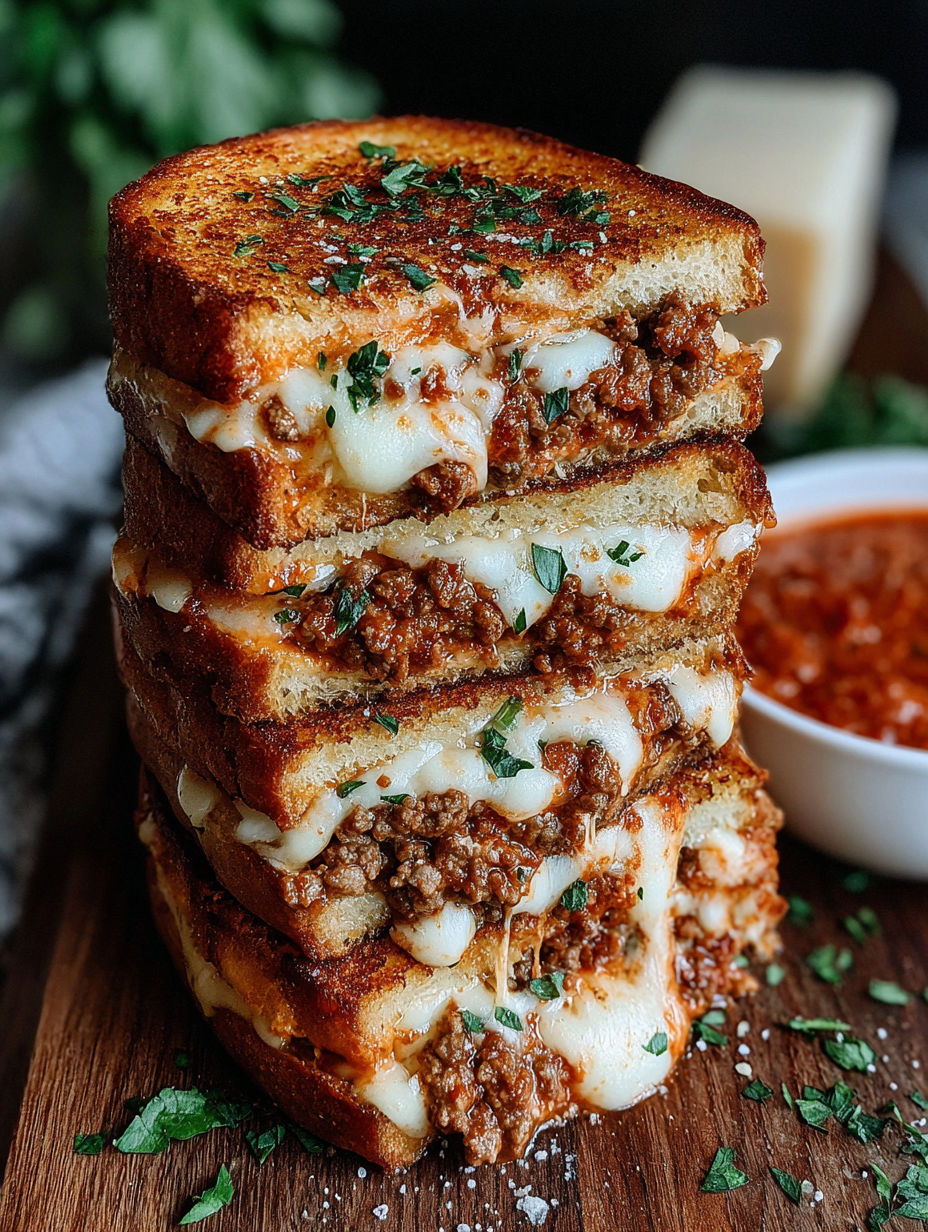 A stack of grilled cheese sandwiches with meat sauce.