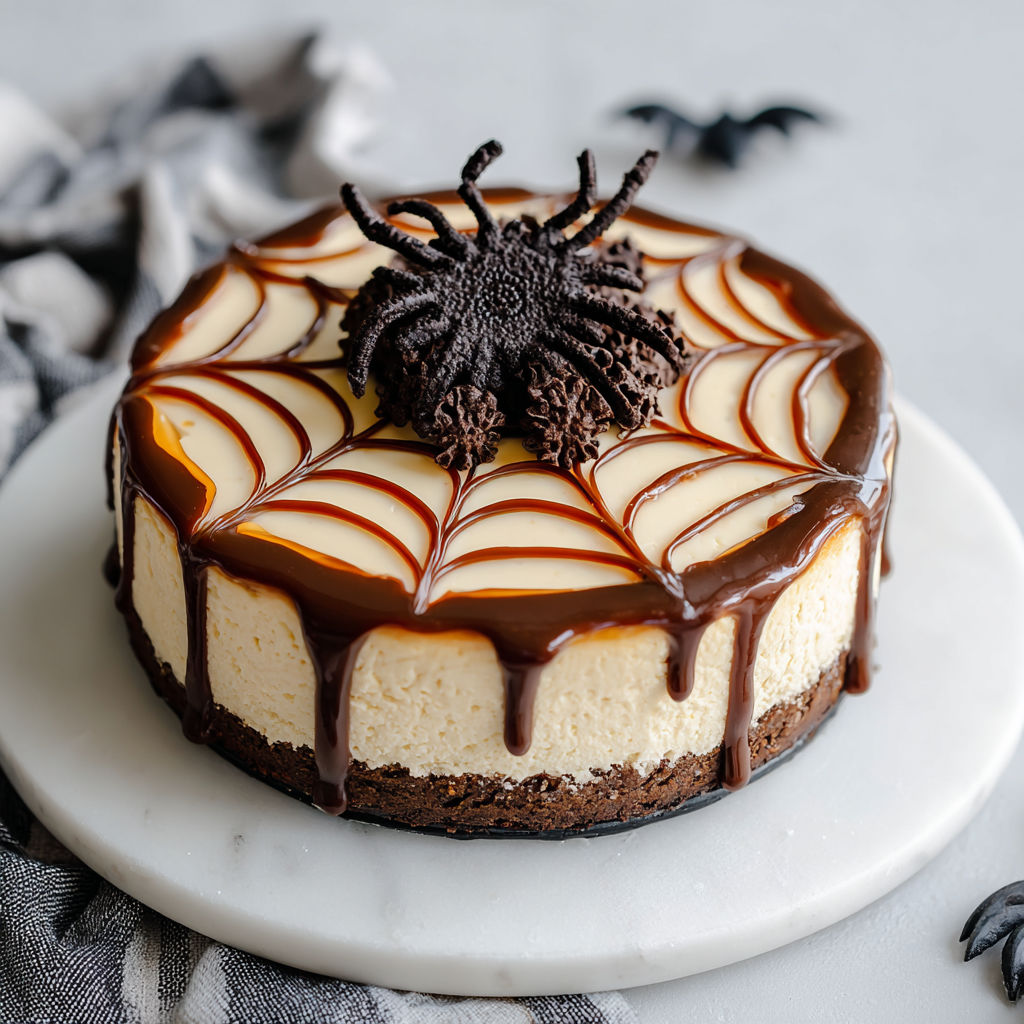 A slice of spiderweb cheesecake with chocolate drizzle.