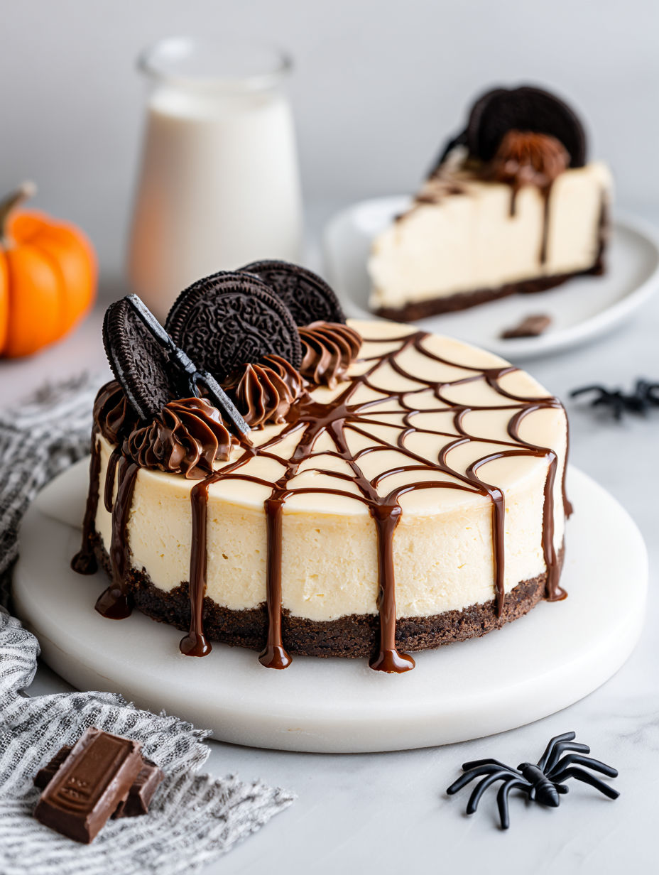 A slice of spiderweb cheesecake with chocolate drizzle.