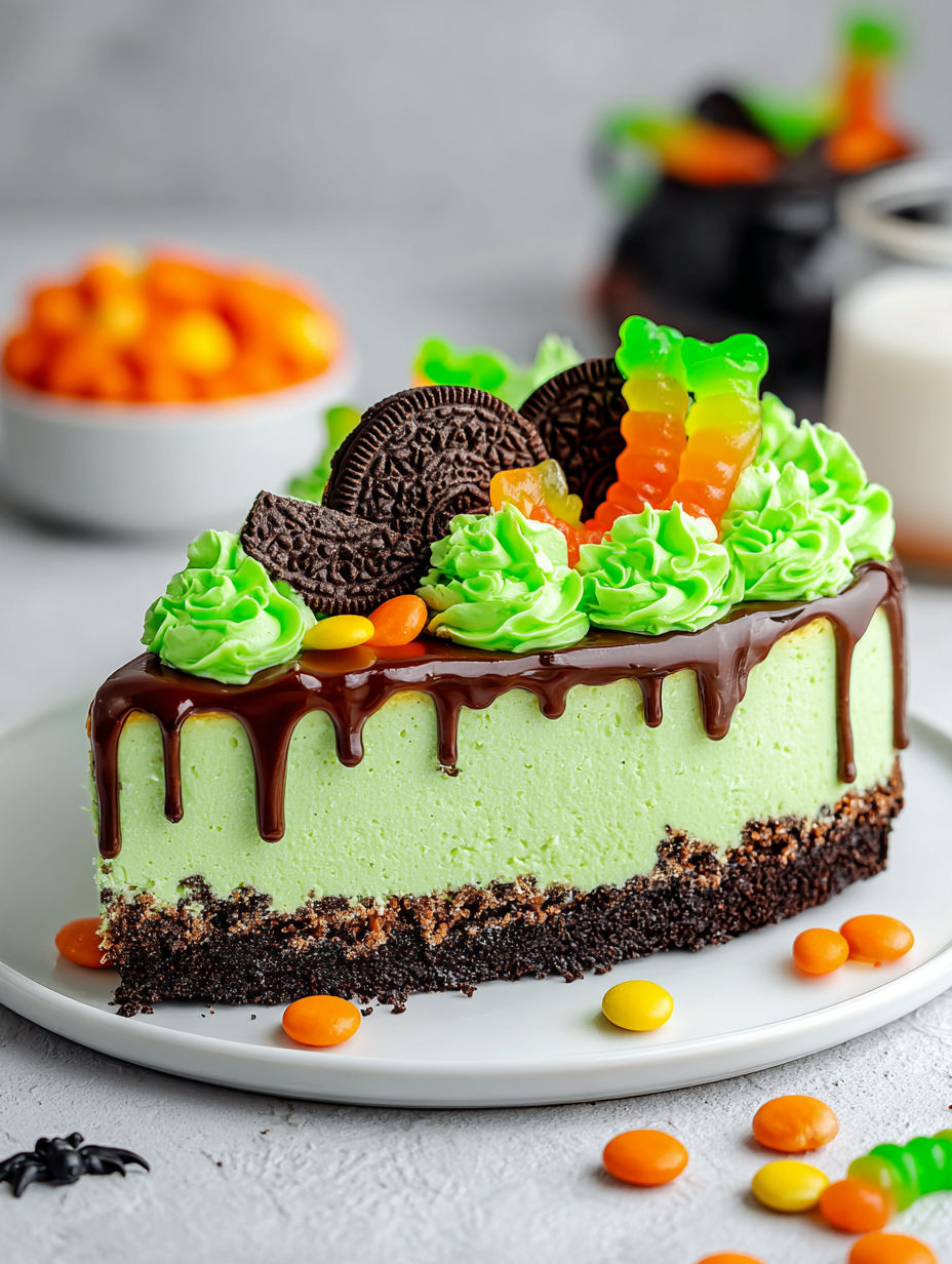 A slice of cake with chocolate, orange and green frosting.