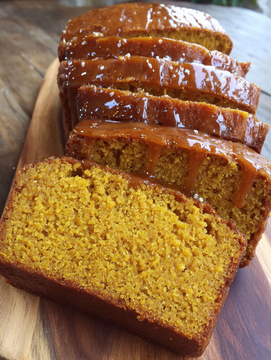 A loaf of pumpkin bread with caramel drizzle.