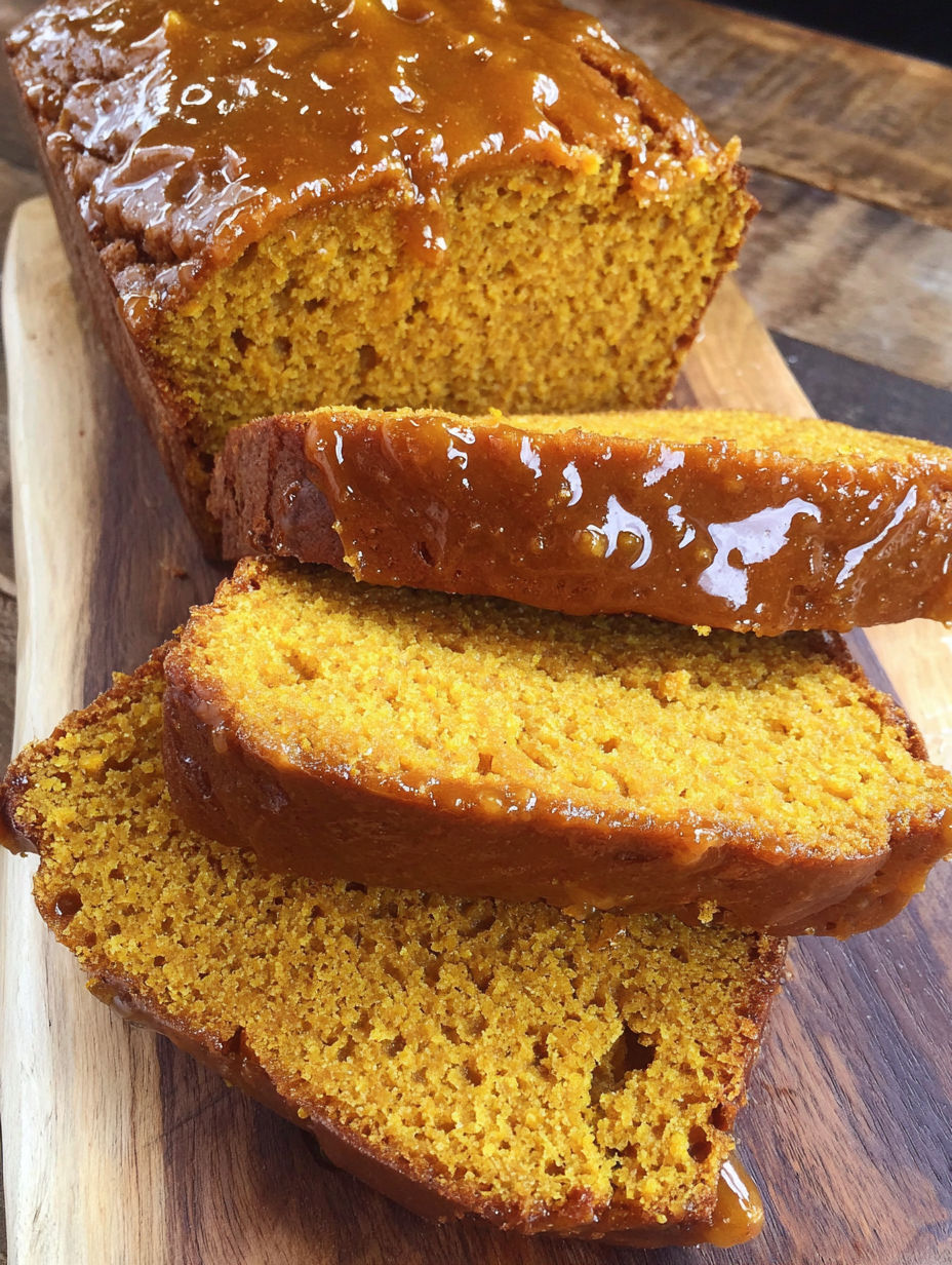 A loaf of pumpkin bread with a glaze on top.