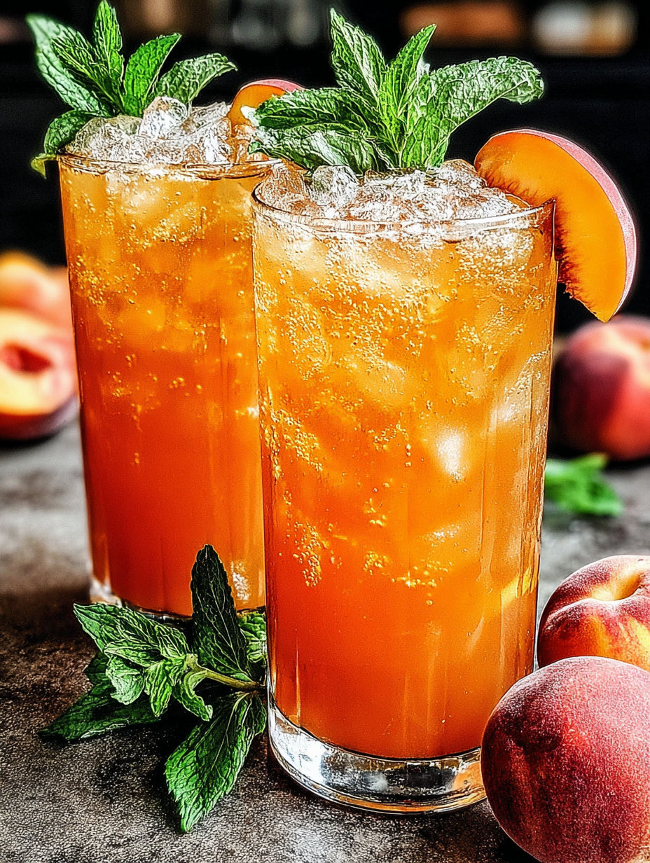 Two glasses of peach iced tea on a table.