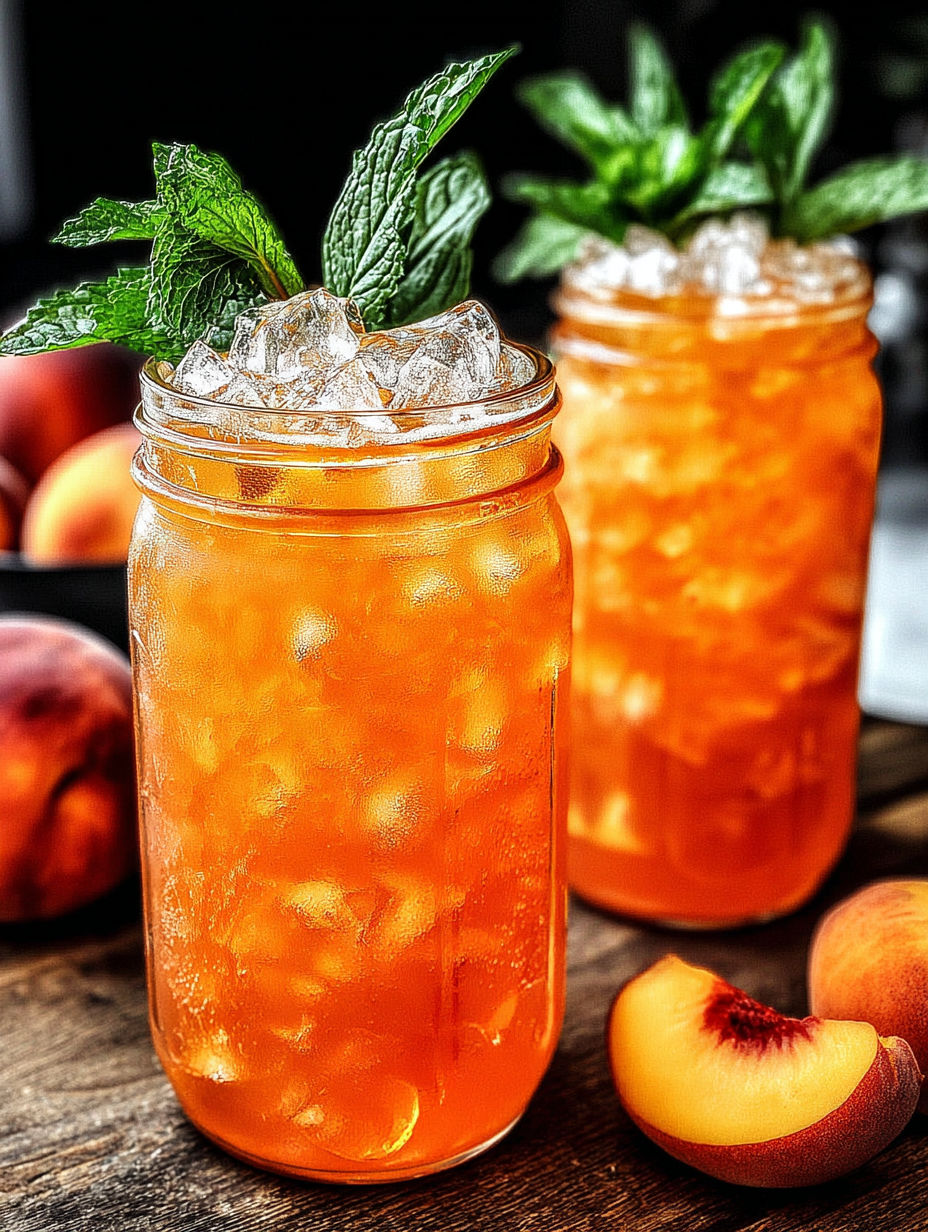 Two glasses of peach iced tea on a table.