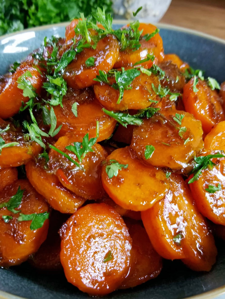 A bowl of carrots with a brown sauce.