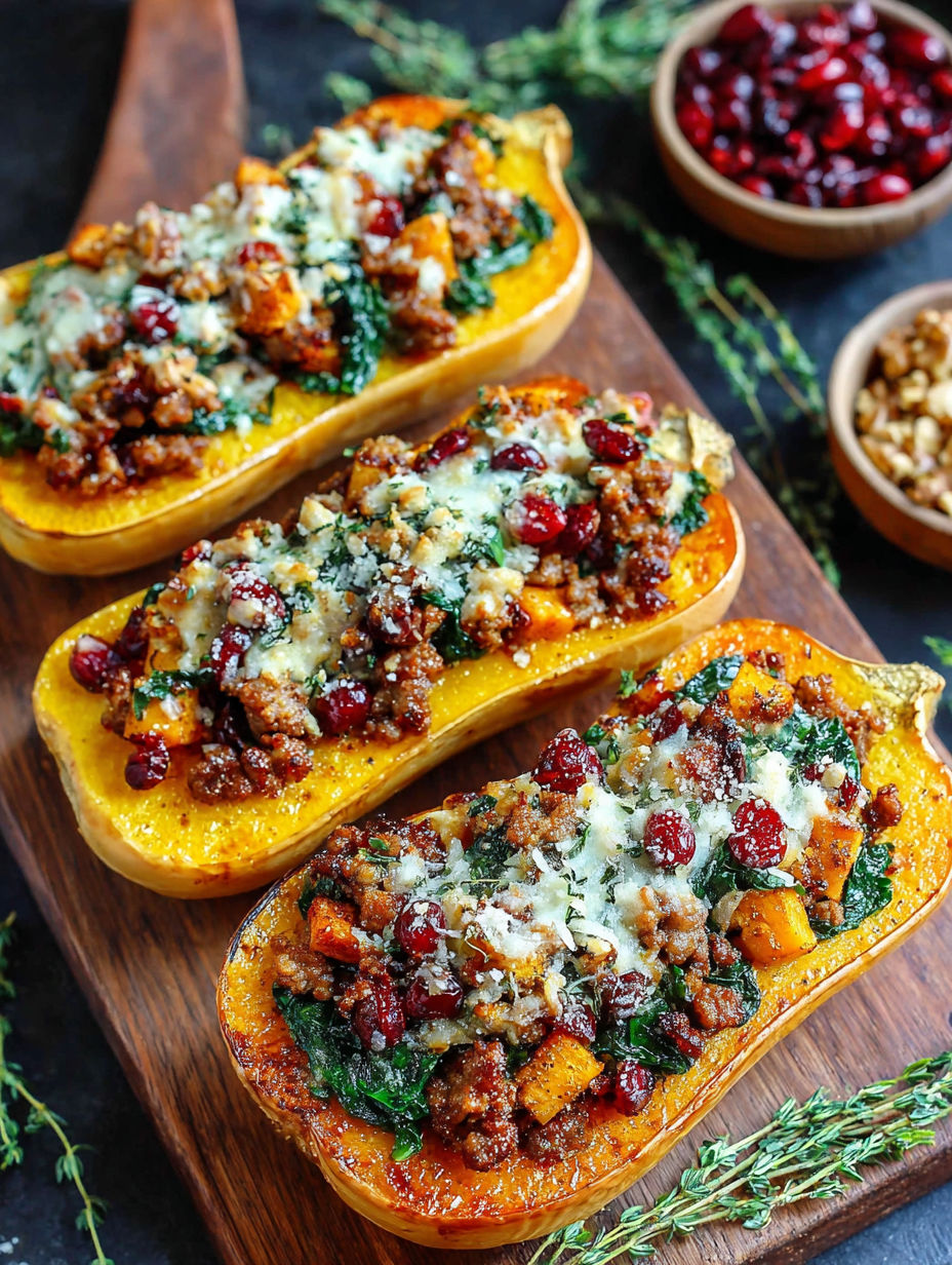 Three stuffed butternut squash with cheese and meat.