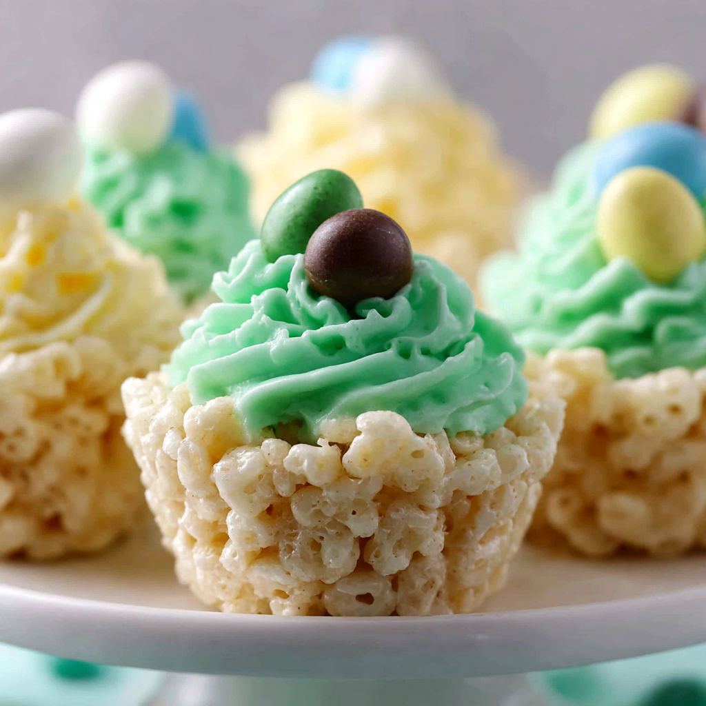 A plate of Rice Krispie treats with marshmallows and candy.