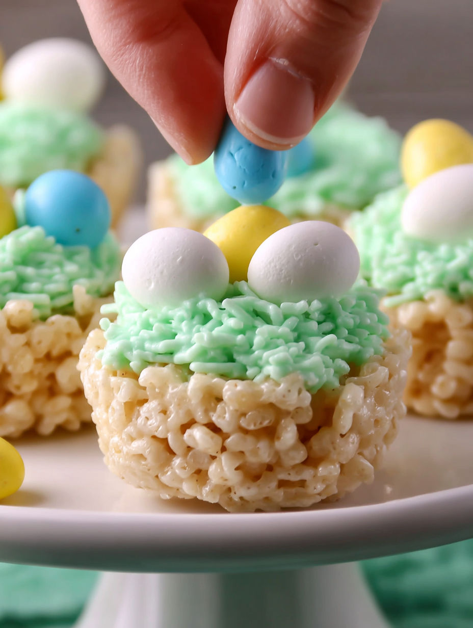 A hand is picking up a rice krispie treat with a blue egg on top.