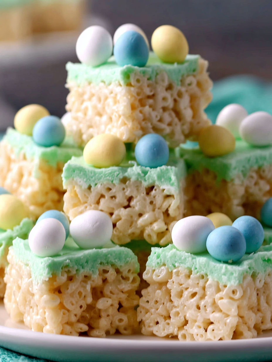 A stack of rice krispie treats with blue and yellow marshmallows on top.
