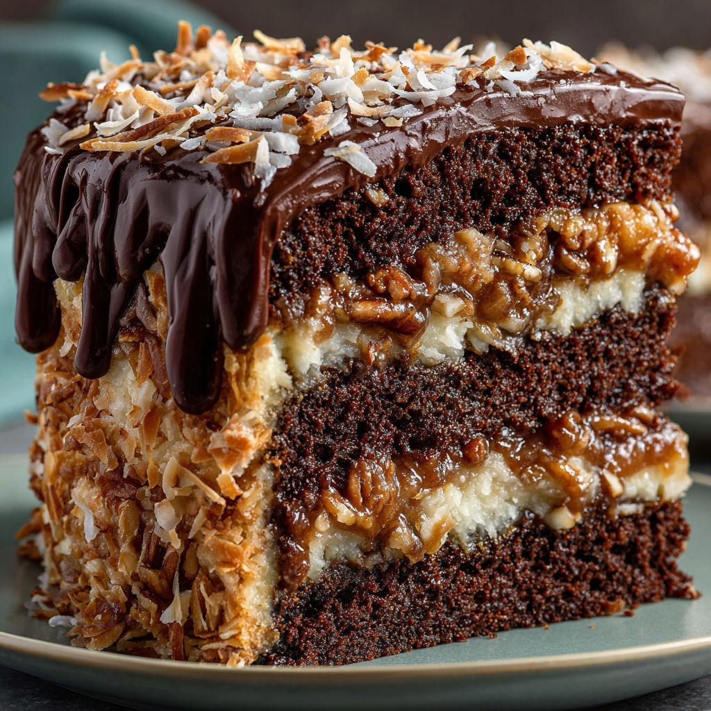 A slice of German Chocolate Cake with coconut and pecans.