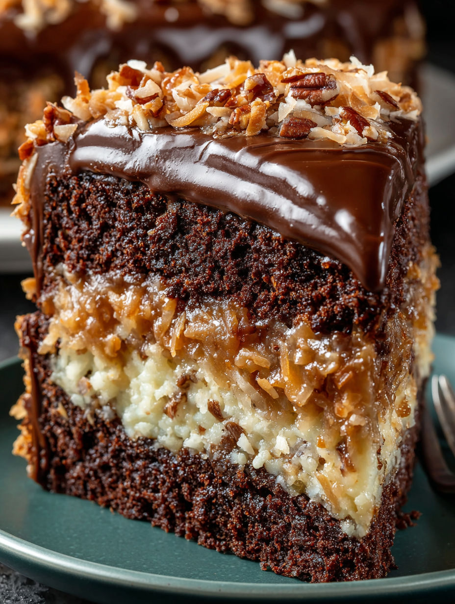 A slice of German Chocolate Cake with coconut and pecans.
