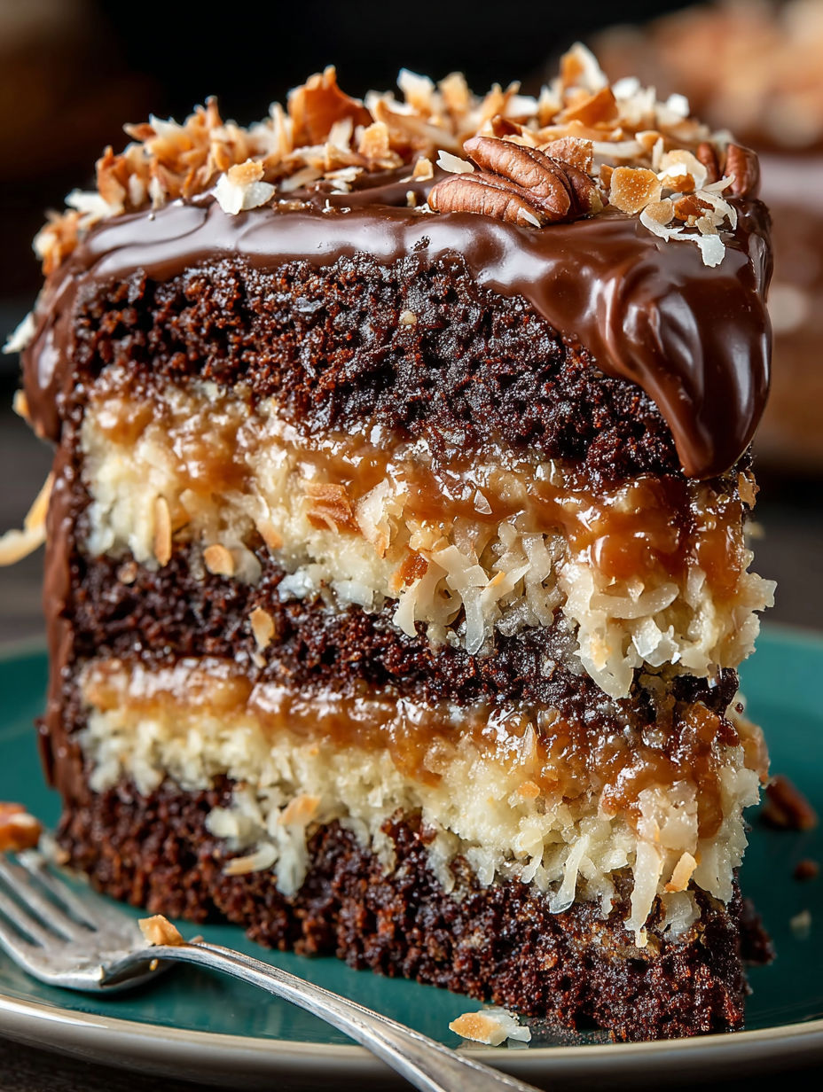 A slice of German Chocolate Cake with coconut and pecans on top.