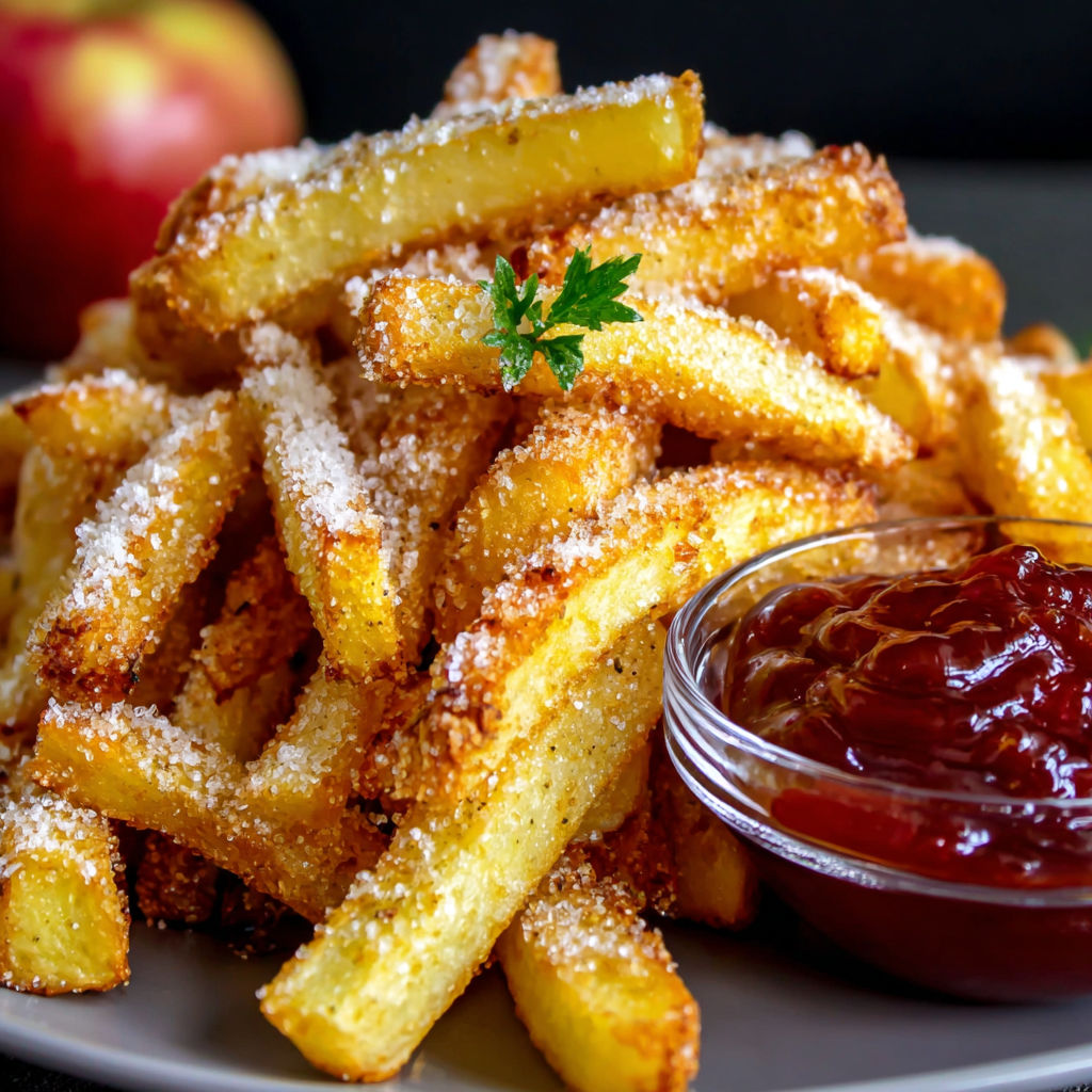 A plate of crispy air fryer apple fries.