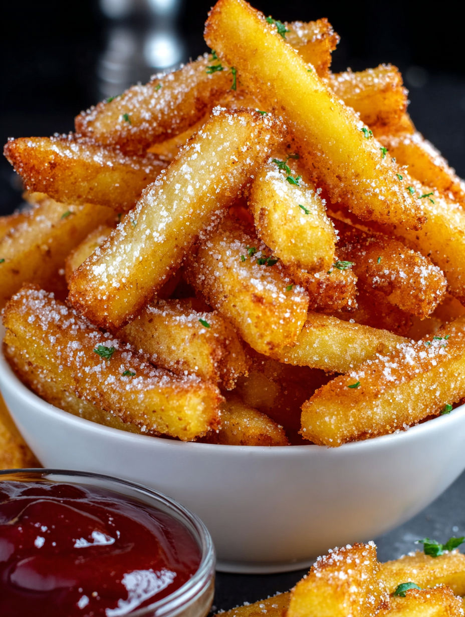 A bowl of french fries with sugar on top.
