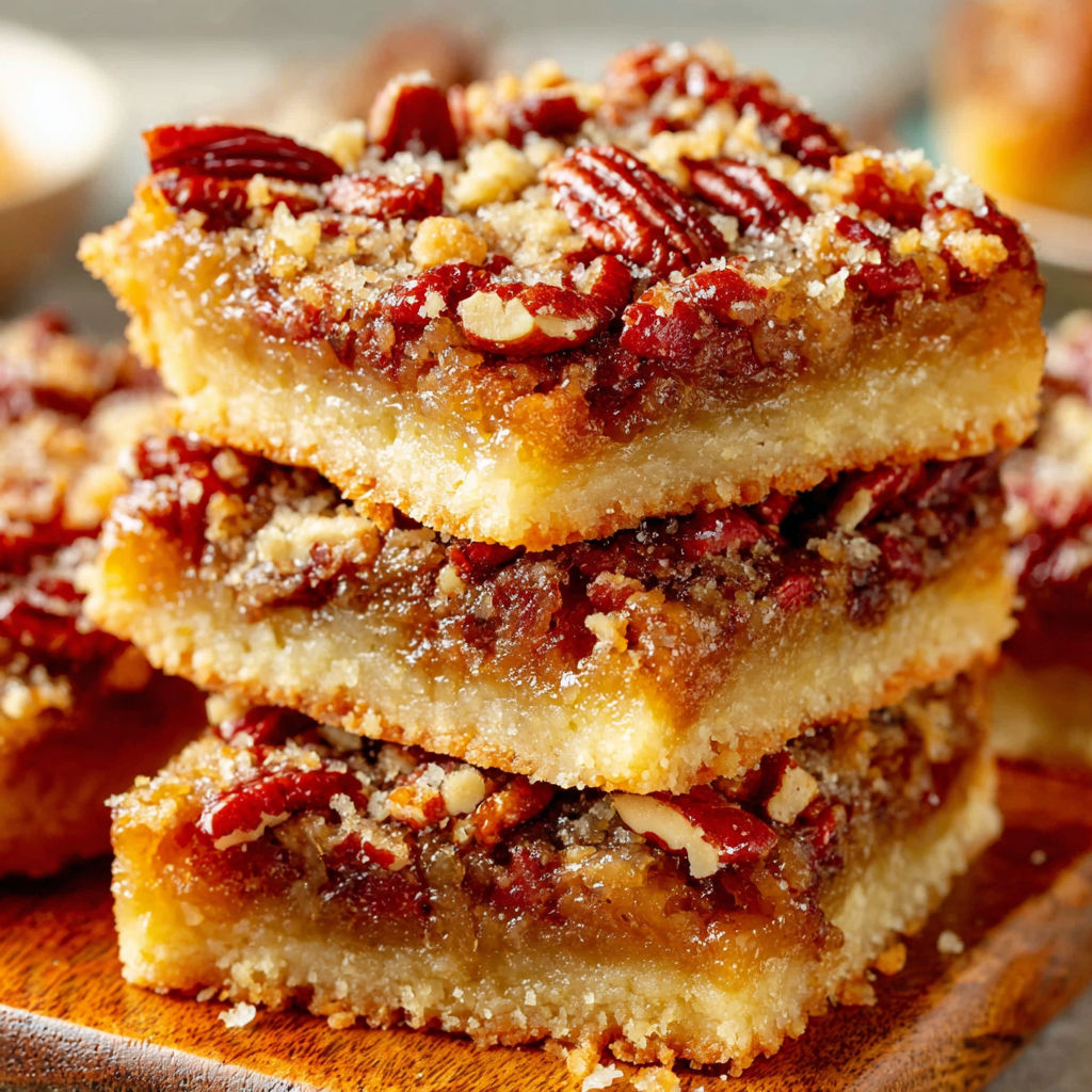 A stack of pecan pie bars.
