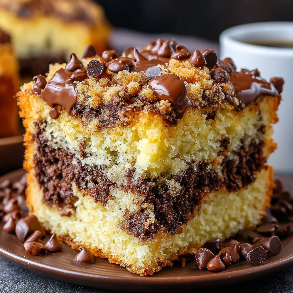 A slice of chocolate chip coffee cake.
