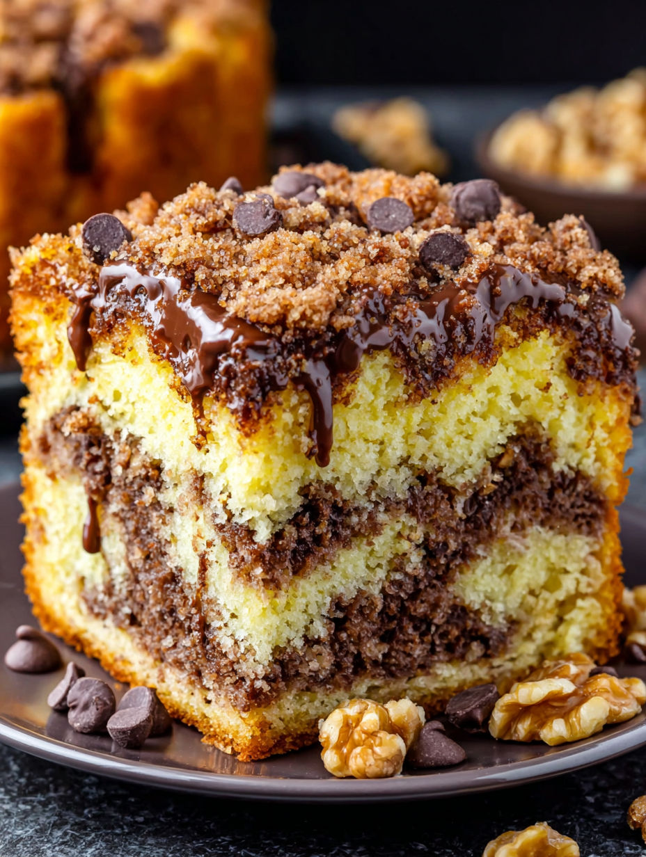 A slice of chocolate chip coffee cake.