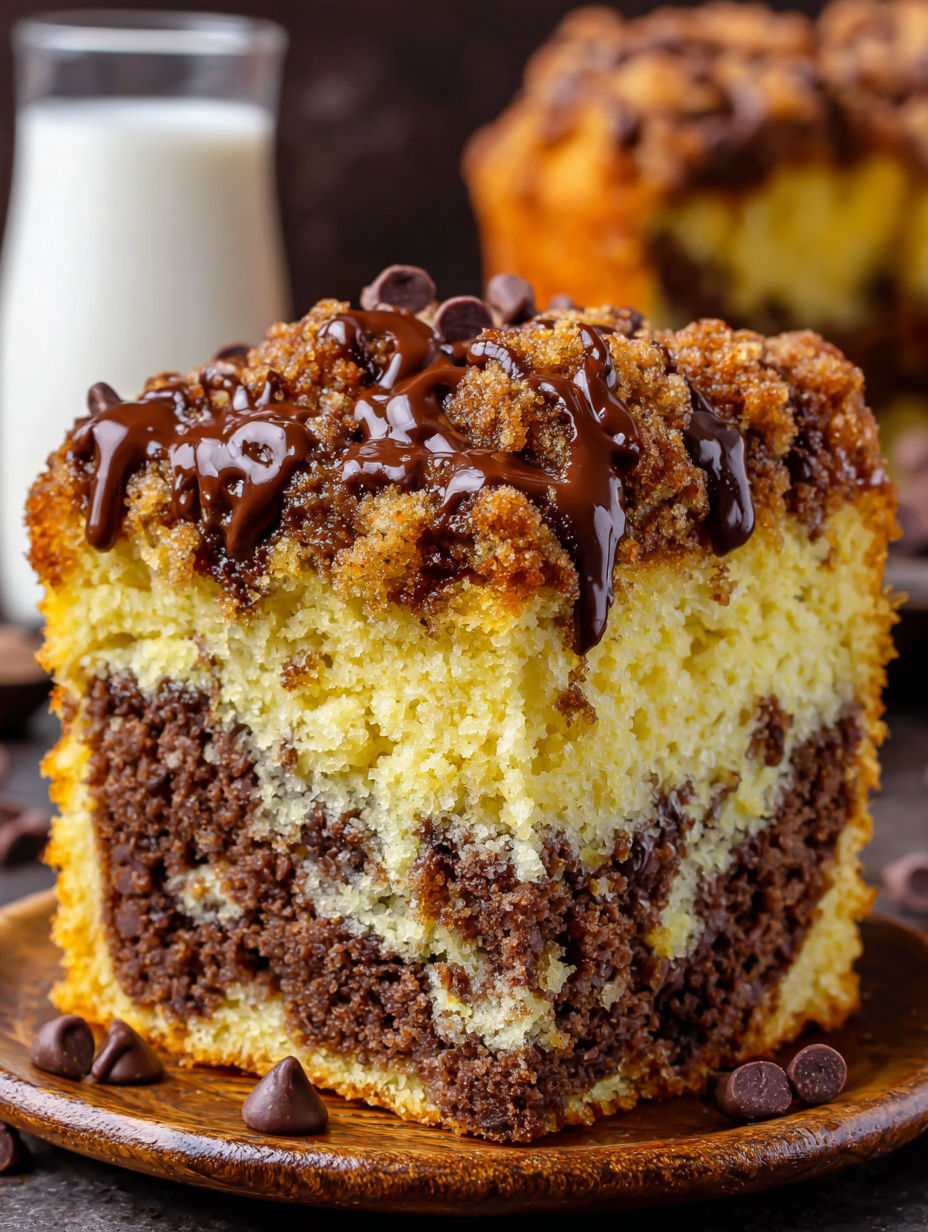 A slice of chocolate chip coffee cake with chocolate drizzled on top.