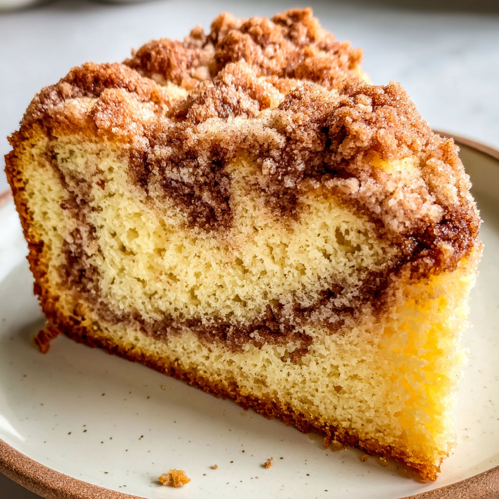 A slice of sour cream coffee cake.