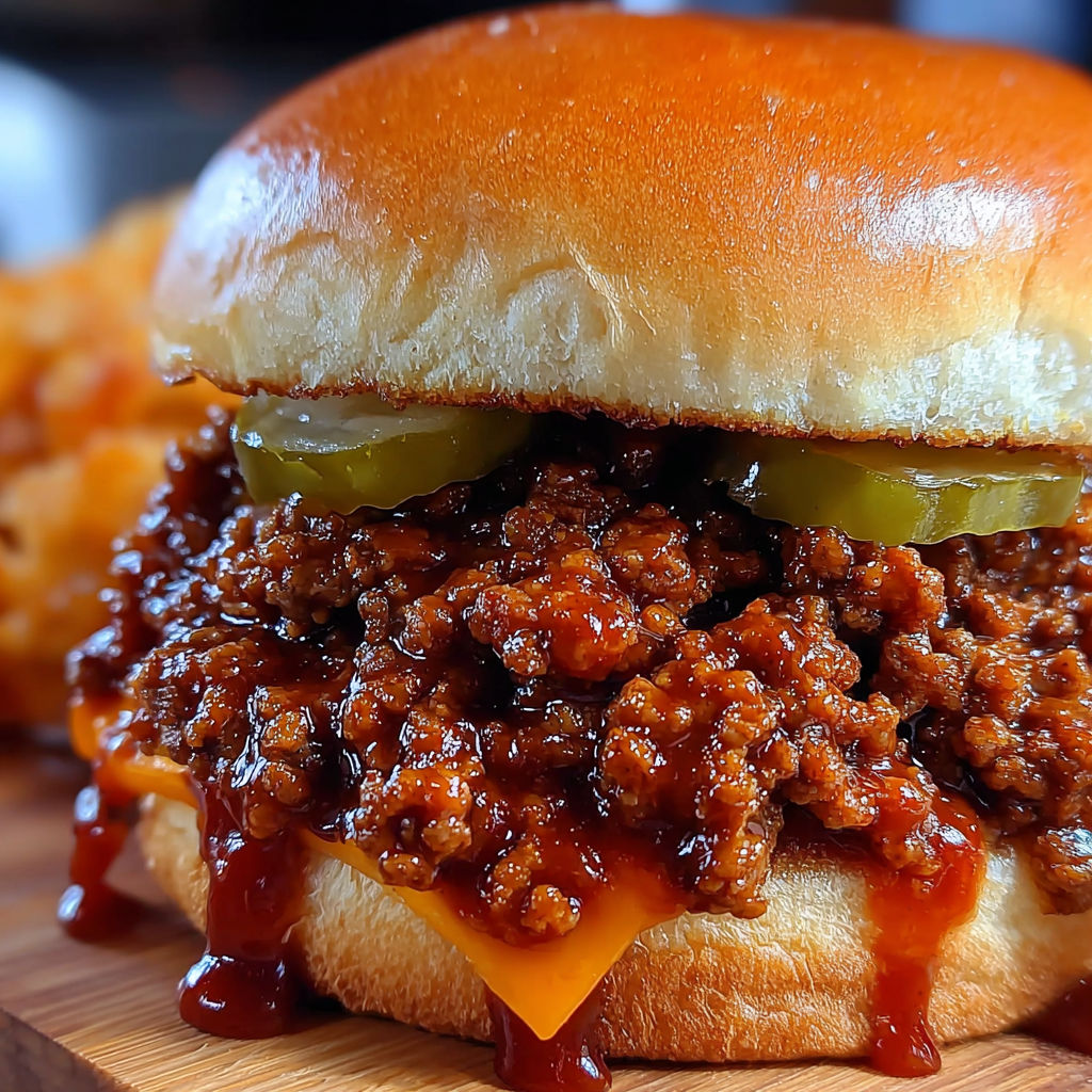 A sloppy joe sandwich with a pickle on top.