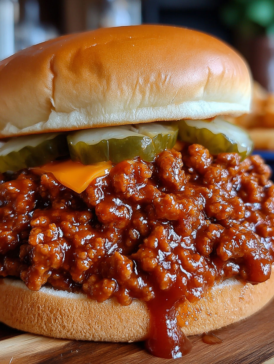 A sloppy joe sandwich with pickles and cheese.