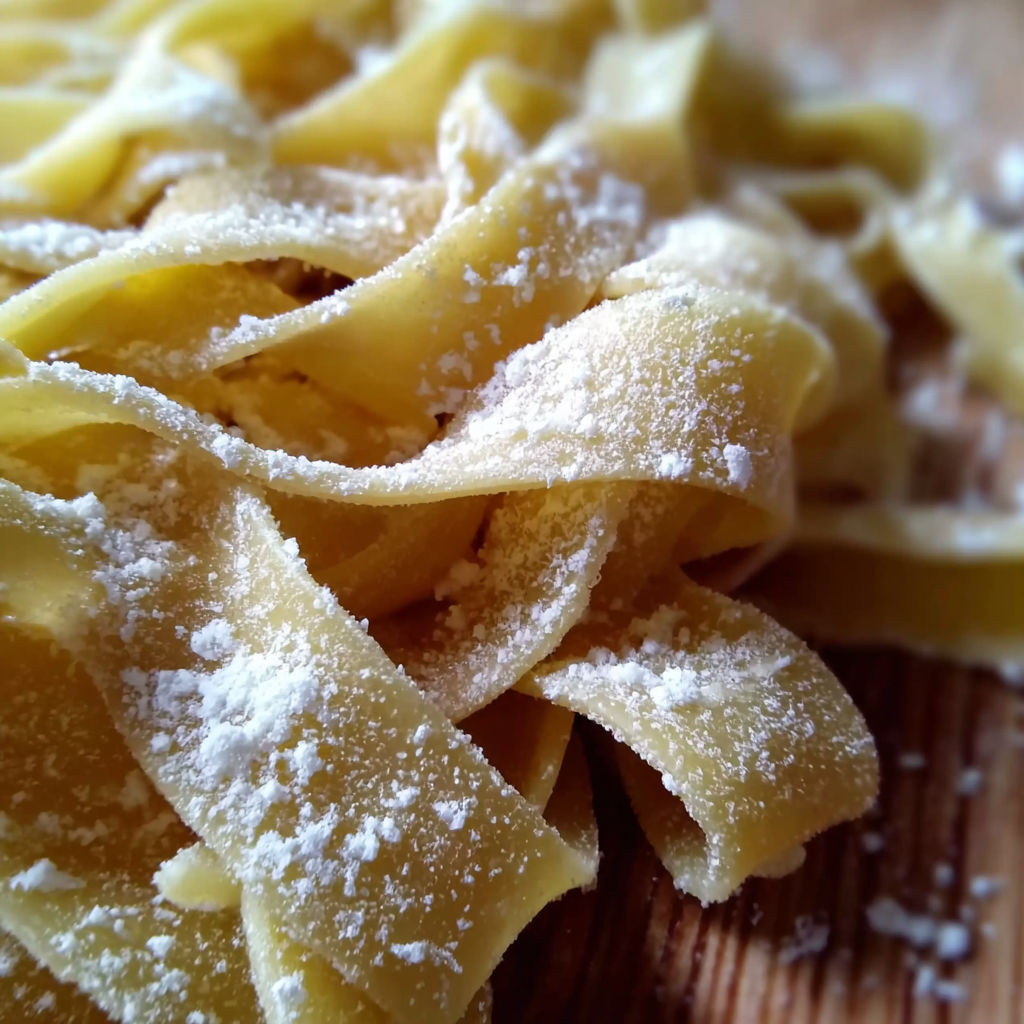Homemade egg noodles on a table.