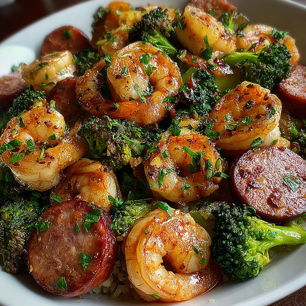 A plate of food with shrimp, sausage, and broccoli.