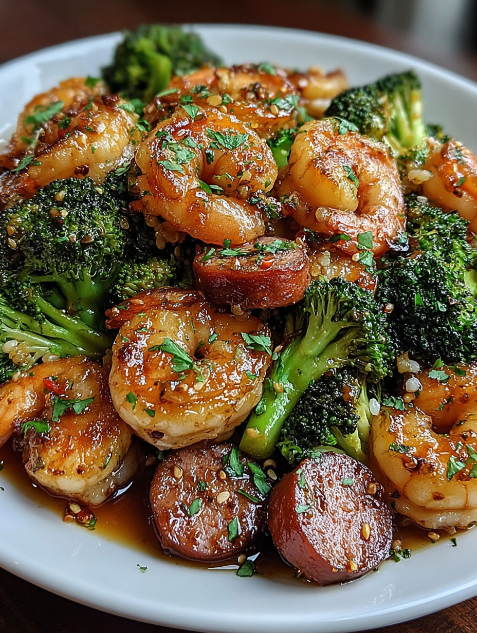 A plate of shrimp and broccoli with a honey garlic sauce.