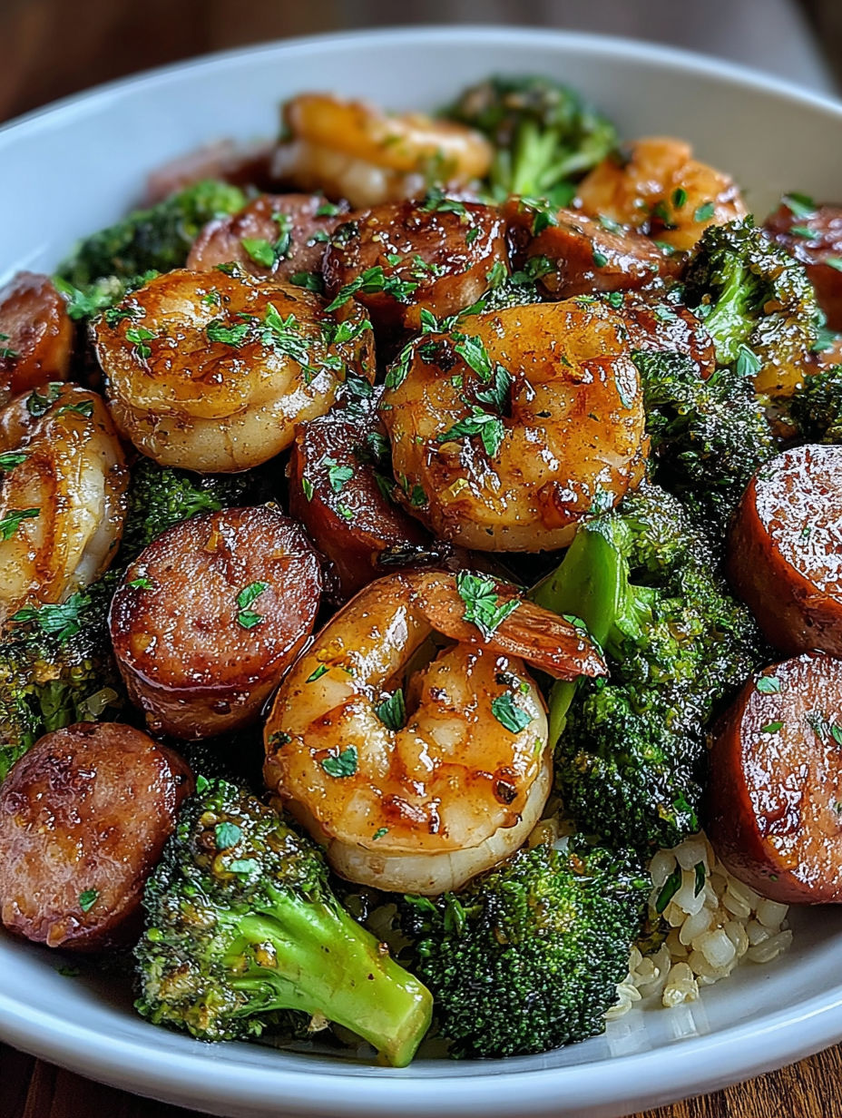 A plate of food with shrimp, sausage, and broccoli.