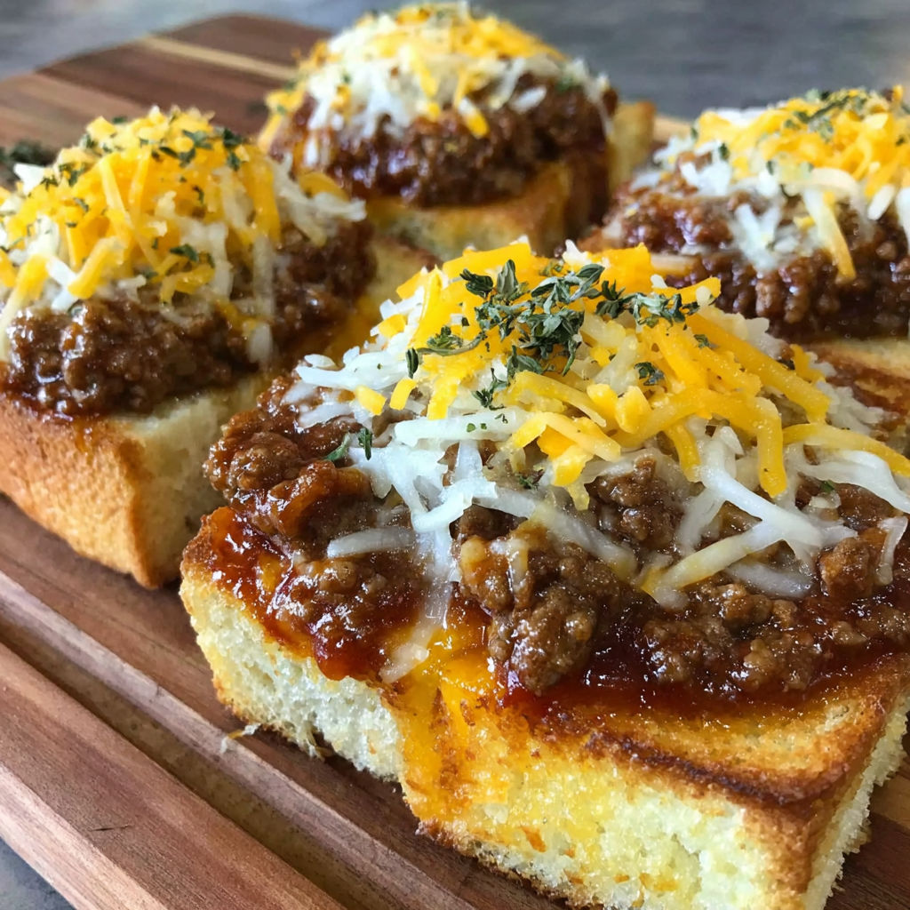 A plate of cheesy sloppy joe garlic toast.