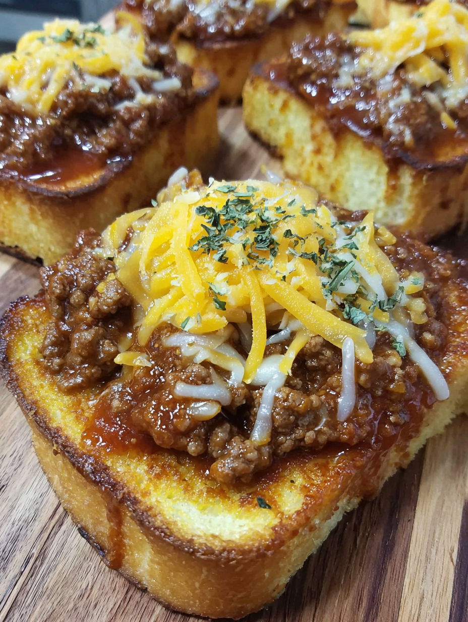 A slice of garlic toast with cheesy sloppy joe on top.