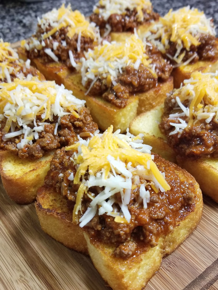A plate of cheesy sloppy joe garlic toast.